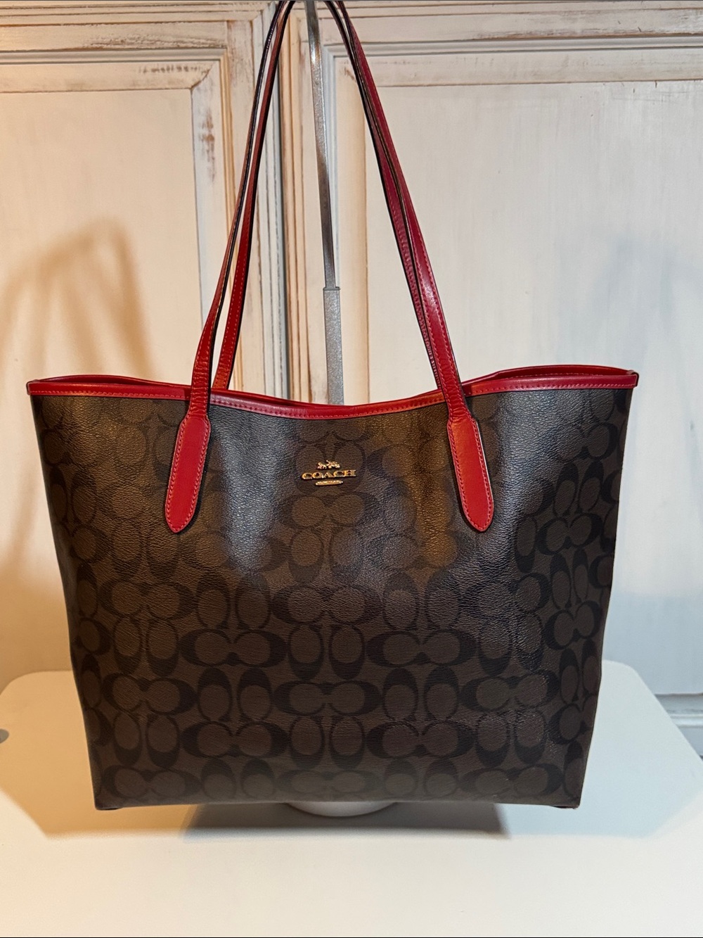 Coach City Tote in Signature Canvas Shoulder Bag - Gold/Brown 1941 Red (5696)
